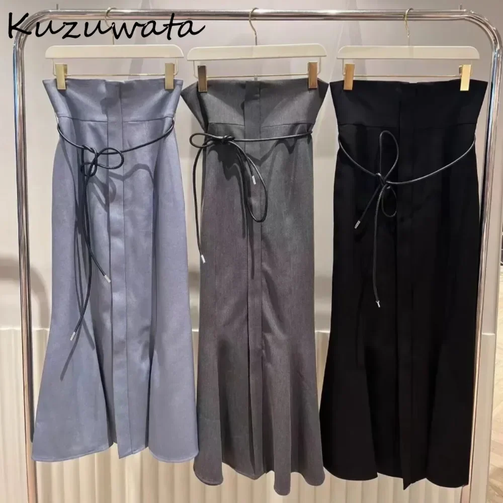 Kuzuwata Literary Socialite Style Luxury Gentle Faldas High Waist Mermaid Lace Up Mujer Faldas Japan Ruched New All-match Skirt