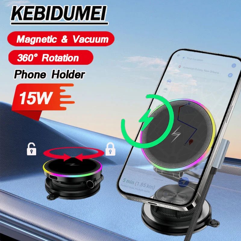 

Магнитное автомобильное крепление для телефона RGB: беспроводное зарядное устройство 15 Вт, вращающийся на 360 градусов вакуумный всасывающий кронштейн для видеоблога для смартфонов