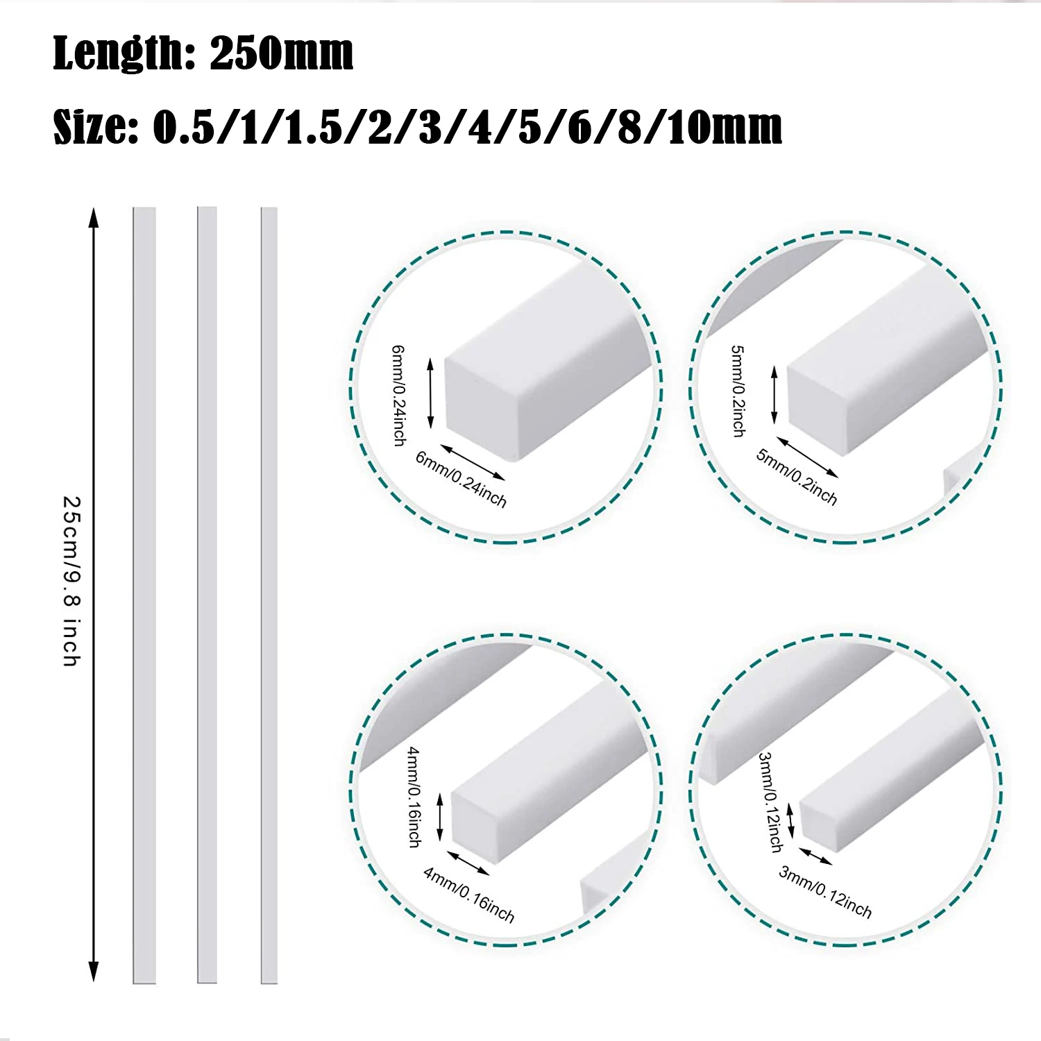 2-50pcs Multi-Size White ABS Square Rods, 0.5-10mm Plastic Sticks for Model Building, DIY Projects & Cutting Craft Supplies