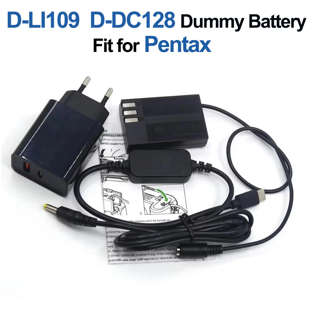 D-LI109 Bateria manequim D-DC128, acoplador DC, cabo USB C para DC, carregador PD para Pentax K-70, K-50, K-30, K-R, K-2, K-S1, K-S2,, Câmera