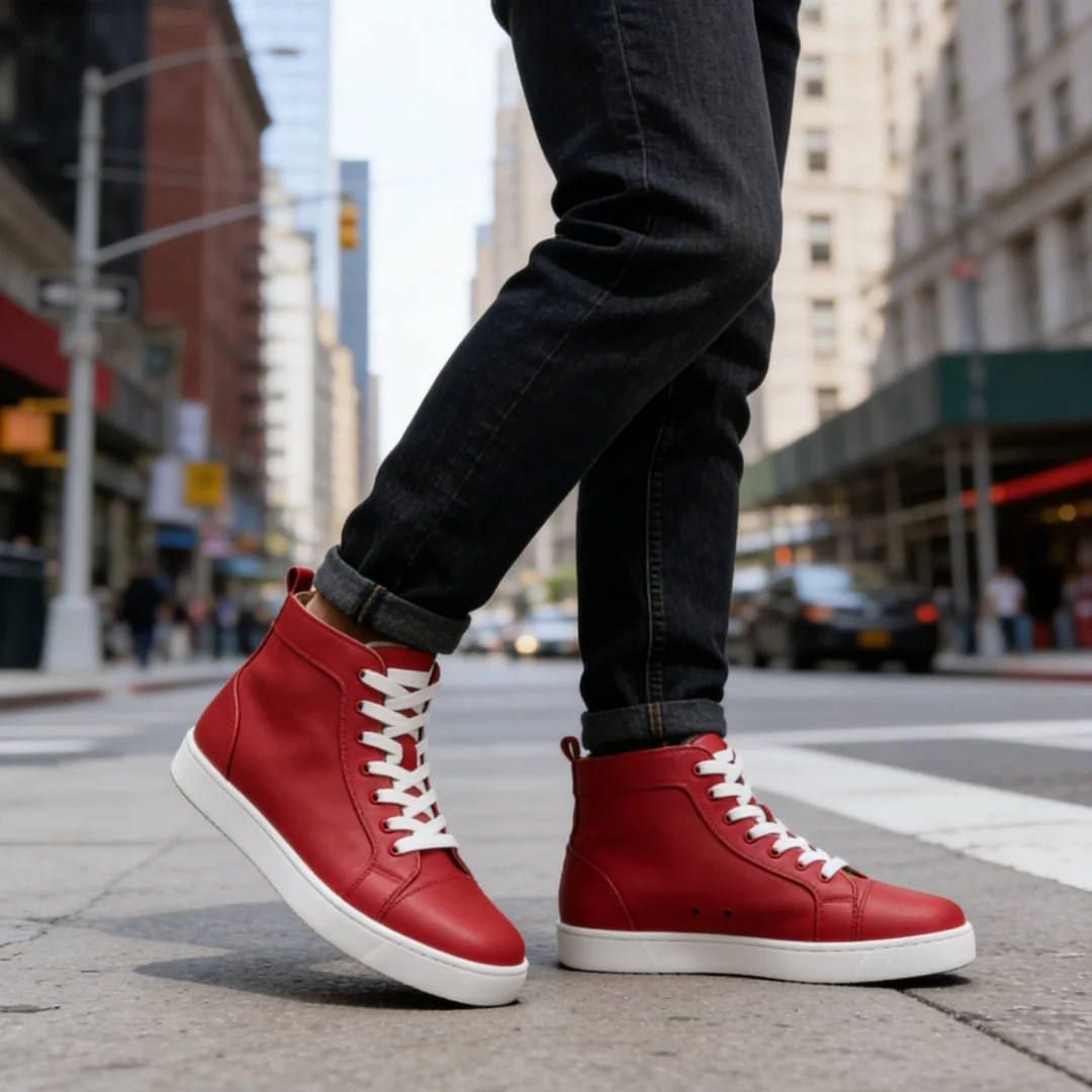 

Новые женские повседневные спортивные кроссовки с круглым носком, высокие, на плоской подошве, из красной кожи, с белыми шнурками, на шнуровке