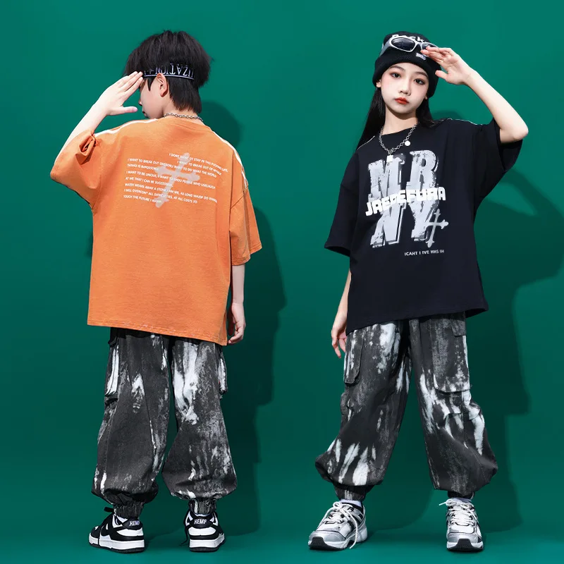 子供用半袖Tシャツ,ジャズダンス服,ヒップホップの衣装,黒の帽子,4〜15歳,夏