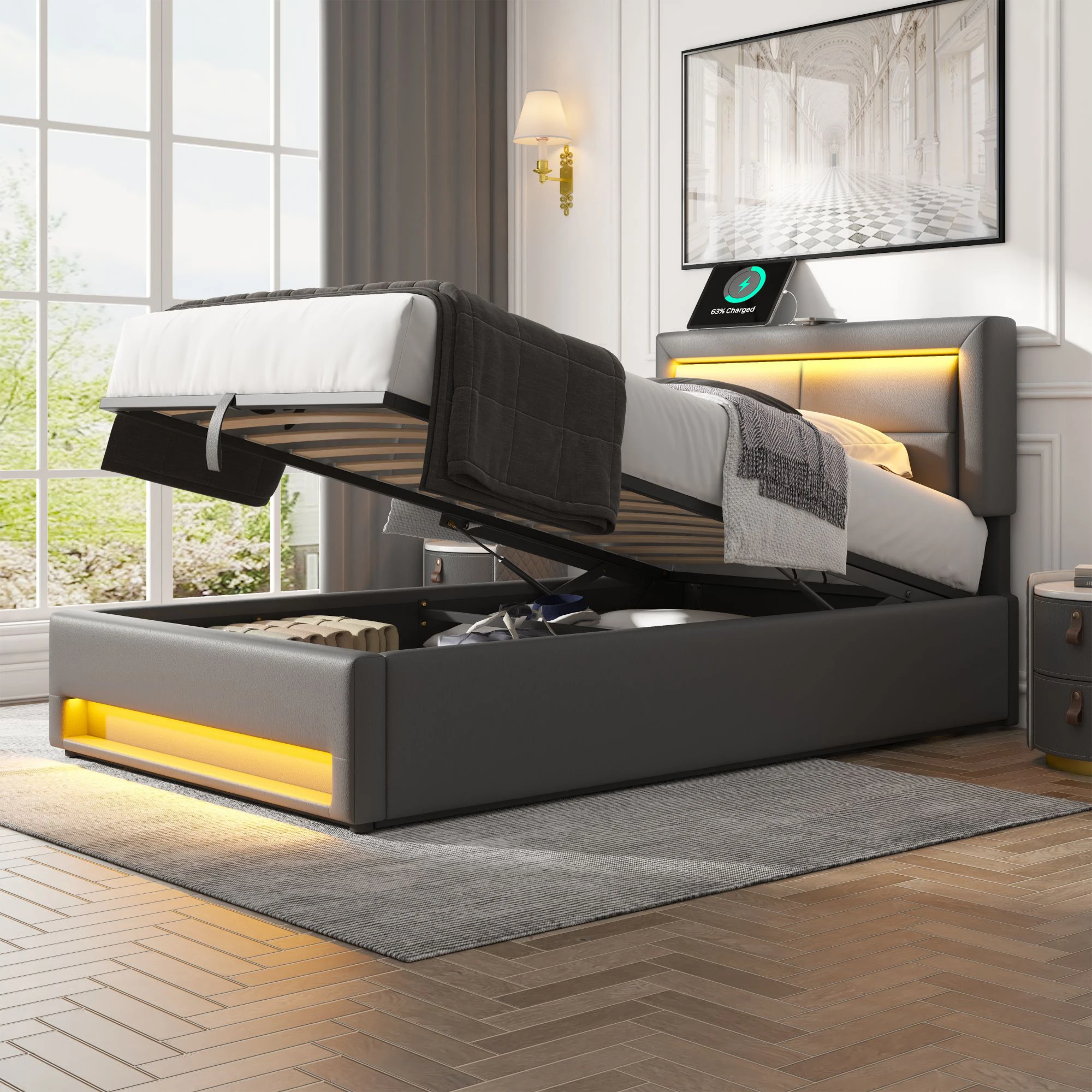 Lit coffre 90 × 200 cm, lit simple - USB, charge sans fil, LED réglable et rangement - sans matelas - en PU gris
