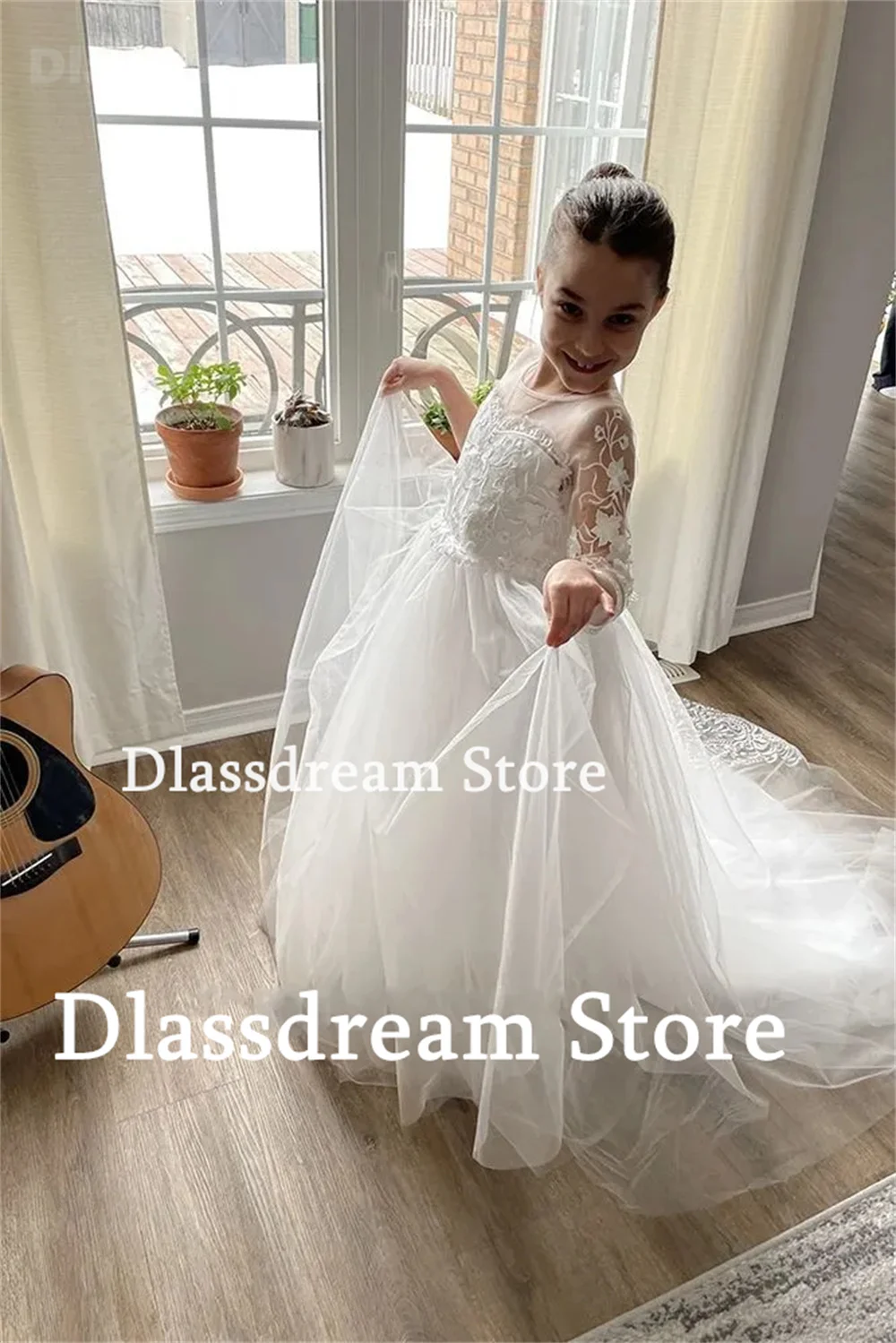 O-collo Flower Girl Dress For Wedding Princess Girls Pageant Dress Appliques di pizzo bianco maniche lunghe abiti per bambini al pavimento