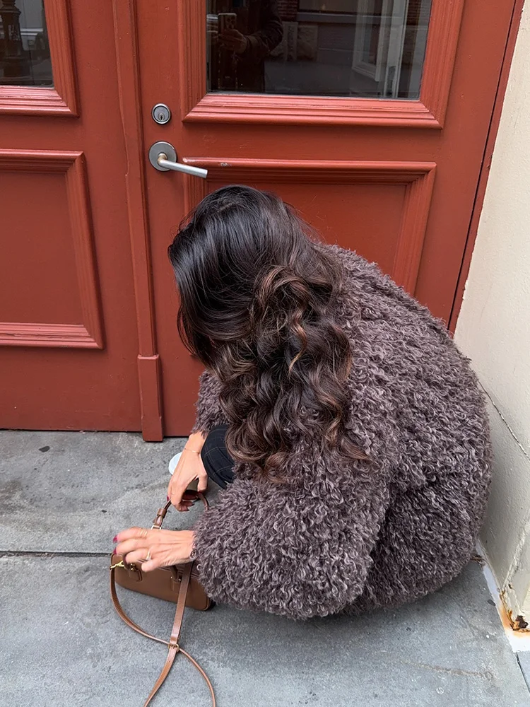 

HH женская модная теплая куртка с длинным рукавом, короткая куртка с эффектом искусственного меха, женская однотонная куртка с круглым вырезом и скрытой пряжкой, повседневная шикарная верхняя одежда