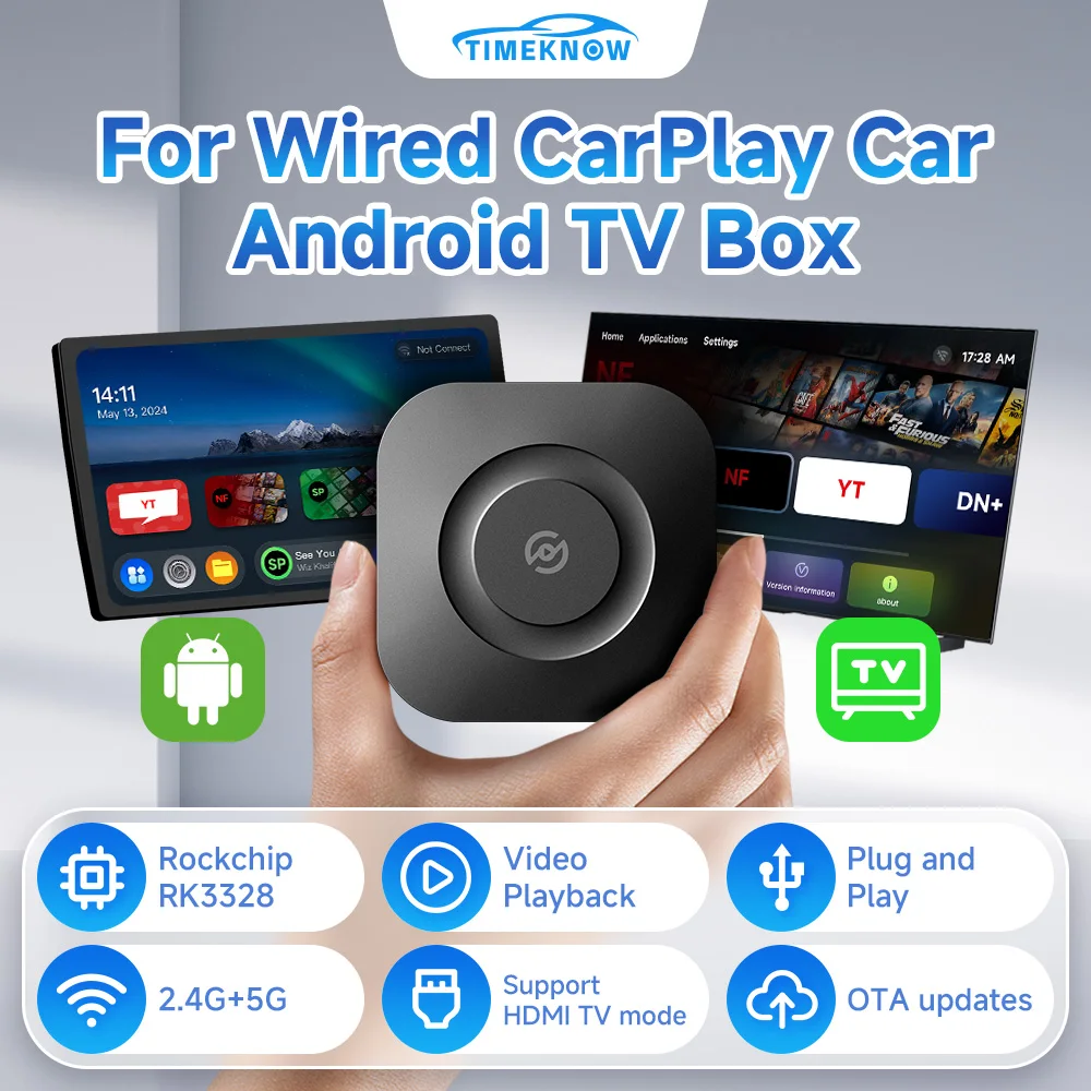 2024 TIMEKNOW CarPlay AI Box Android 11 RK3328 4-Core 2.4G+5G WiFi Support HDMI 4K Streaming Media Player 2.4+5G FOTA Upgrad ﻿