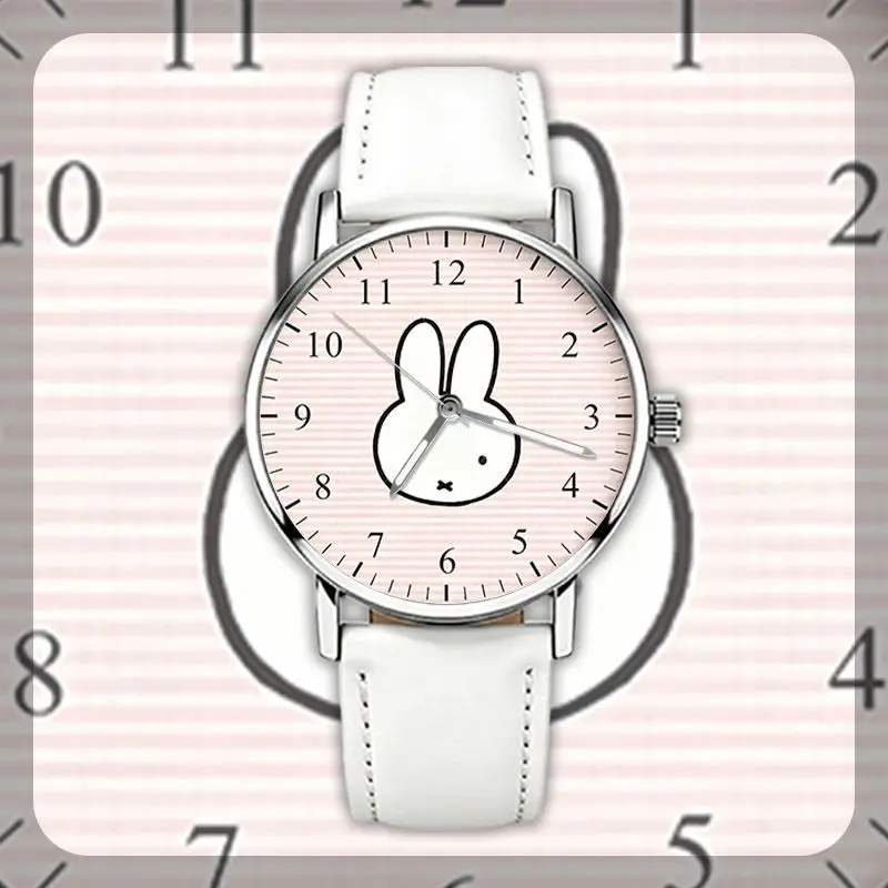 Cartoon Kawaii Miffy Wristwatch Circular Waterproof Quartz Special for Examination Super Long Battery Life Horseshoe Buckle New