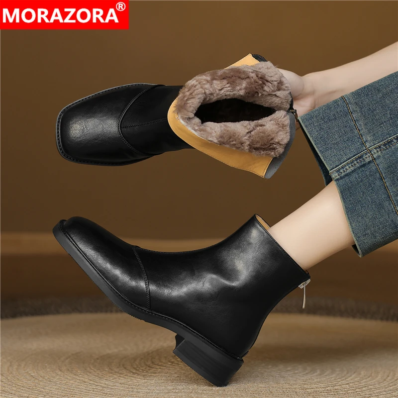 

MORAZORA зимние ботинки из натуральной кожи из натуральной шерсти, женские ботильоны на массивном среднем каблуке с застежкой-молнией, женская обувь, модные теплые зимние ботинки