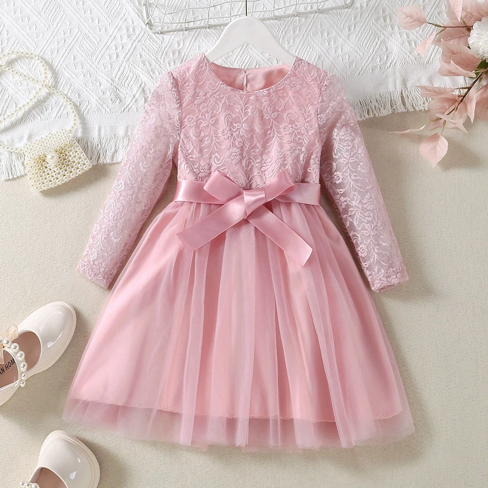 

Girls' Elegant Dress Pink Round Neck Long Sleeve Tulle Dresses Autumn Spring Outfits Baby Girls Daily Wear For 2 3 4 5 6 7 Years