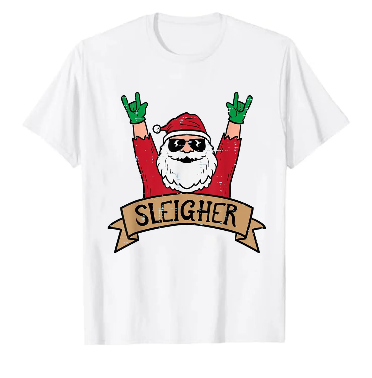Merry Christmas Sleigher Cartoons Santa Rock Xmas Music Festival Rocker Men Women T-Shirt Hipster Street Fashion Short-sleev
