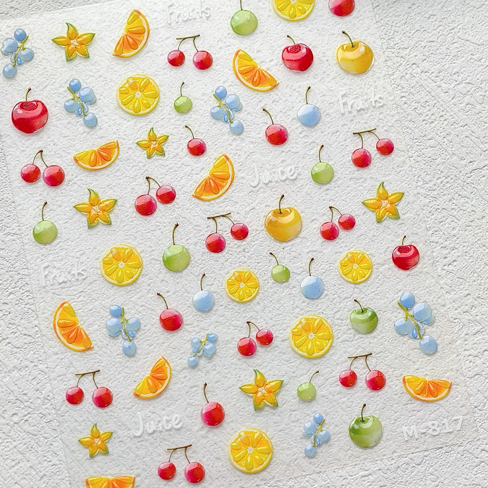 달콤한 큐비스트 과일 정원 네일 스티커 사랑스러운 5D 복숭아 딸기 체리 사과 레몬 다채로운 자기 접착 매니큐어 데칼