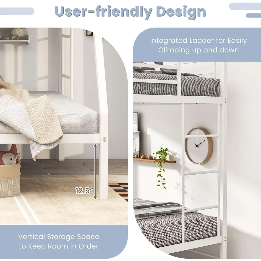 Cama metálica com escada e estrutura de aço, cama economizadora de espaço, cama tripla para meninos e meninas adultos, sem ruído