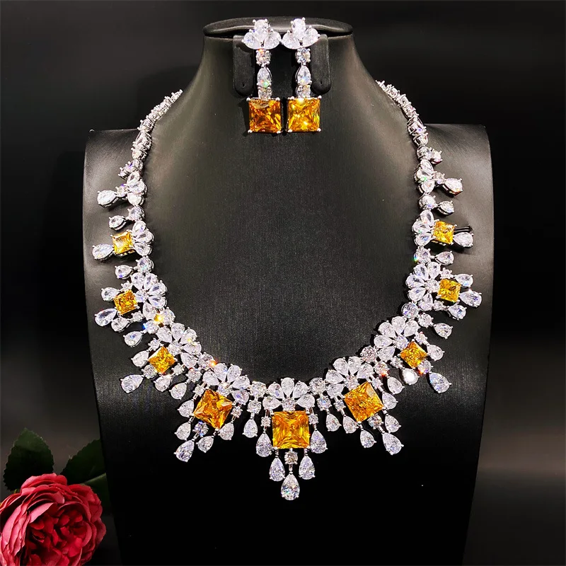 

HIBRIDE Luxury Square Design Yellow Color 2pcs Women Bridal Wedding Jewelry Sets CZ Necklace And Earring Fashion Jewelry N-329