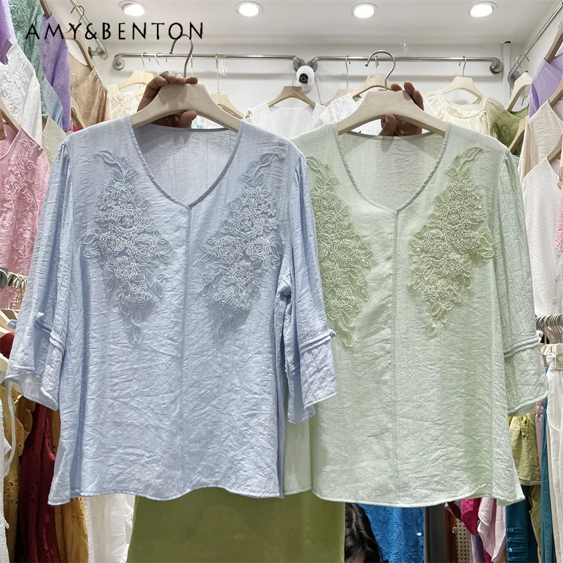 

Retro Embroidered Cotton Linen Shirt Ladies Solid Color Loose Long Sleeves Shirt Elegant Daily Commute Casual Temperament Blouse