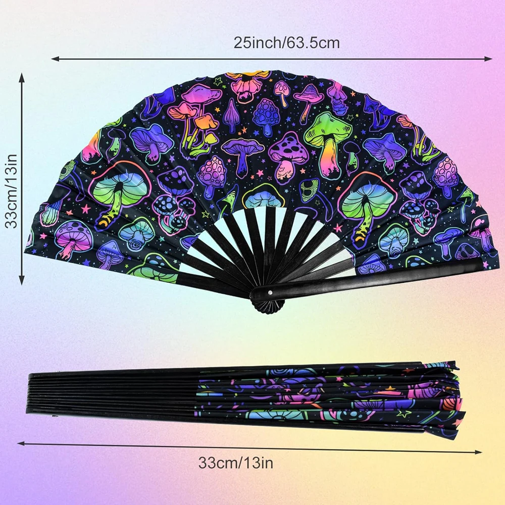 UV Glow Rave Fan, Bamboo Folding Clack Hand Fans Foldable for Men Women, Poping Fan for EDM Festival Line Dance Decoration