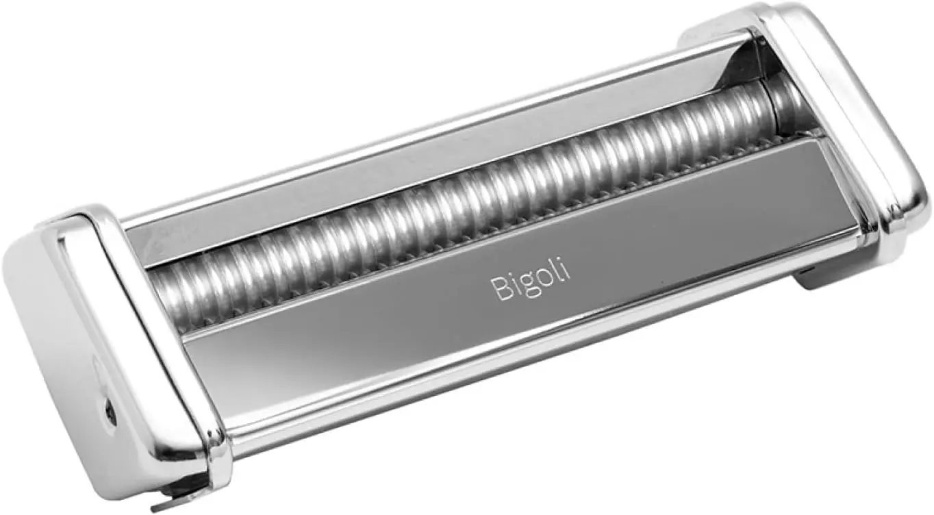 

Italian-Made Bigoli Pasta Attachment for Atlas 150 Machine, Chrome Steel - Even Cuts & Easy Assembly