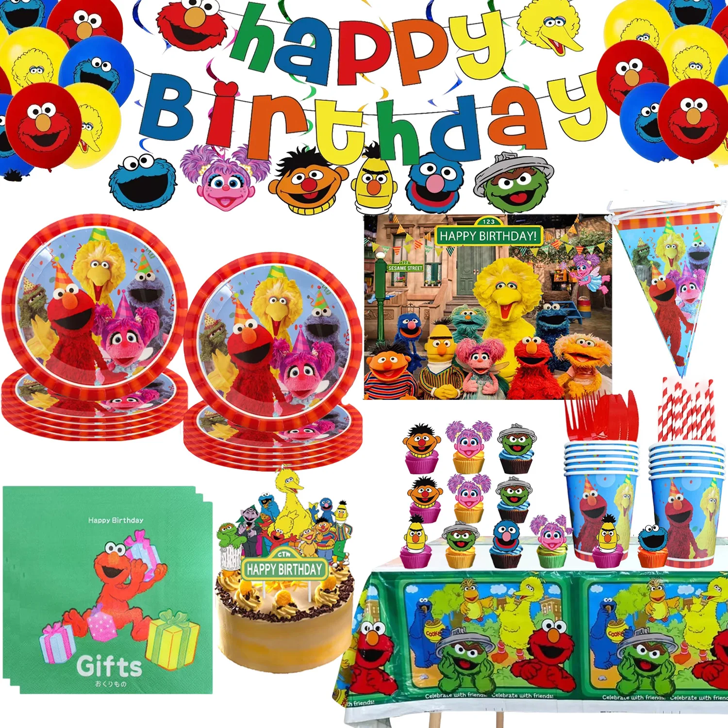 Decoraciones para fiesta de cumpleaños de Barrio de sésamo de dibujos animados, mantel desechable, plato, adorno para pastel, globo para decoración de Baby Shower para niños