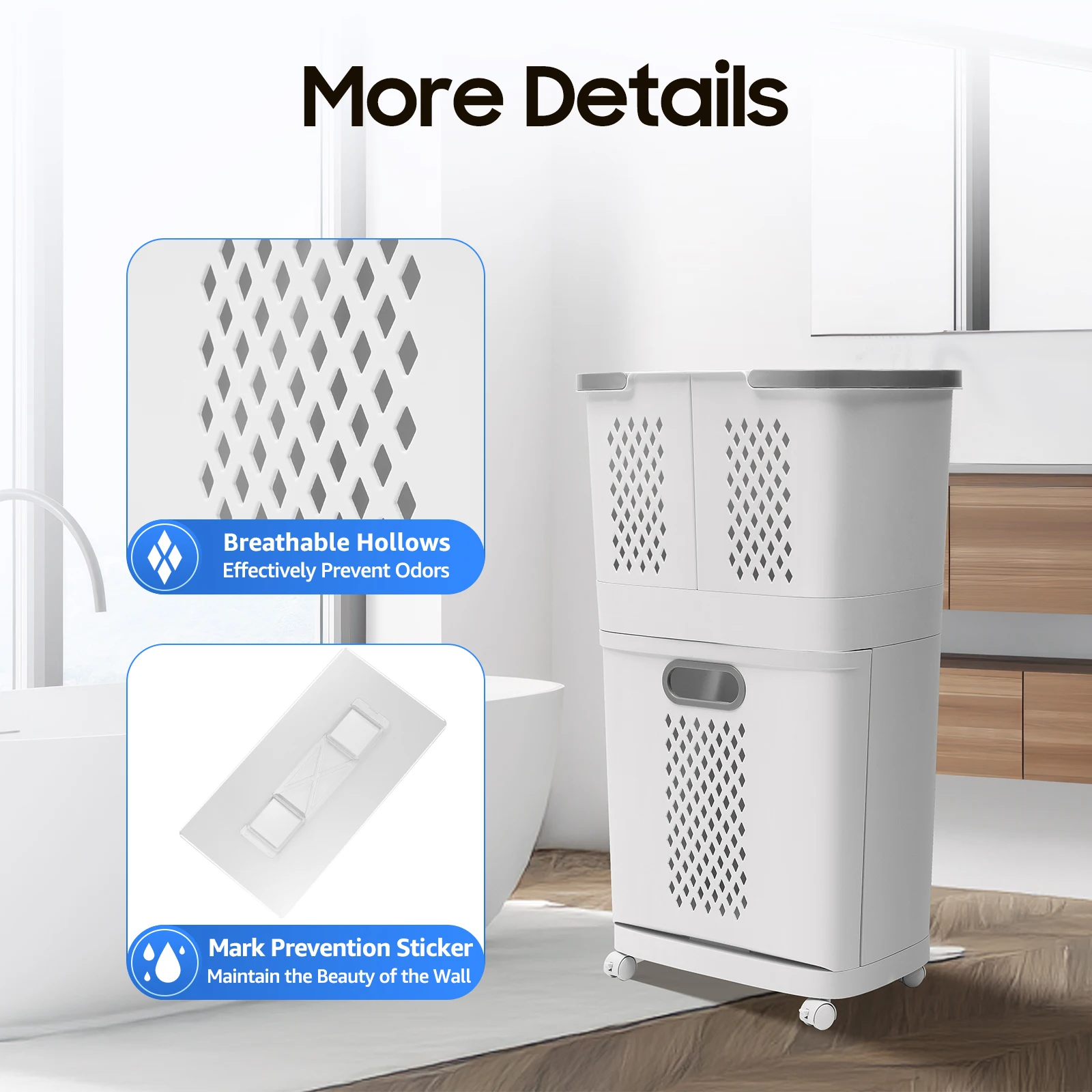 

2-Layer Rolling Laundry Hamper, Laundry Sorter with 3 Detachable Baskets, Compact 17x12in Laundry Basket for Small Spaces