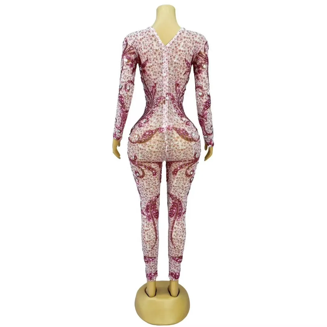 Sexy Shining Rhinestones Jumpsuit Mesh Long Sleeves Bodysuit Special Stage Performance Costume Dance Show Outfit Club Vestido