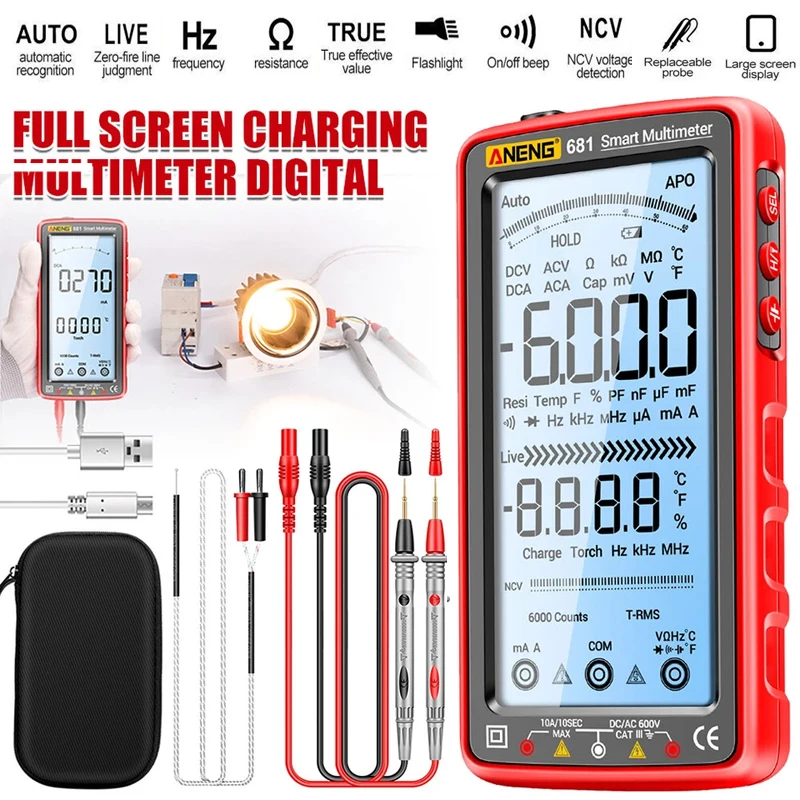 Image of ANENG 681 Digitales Multimeter Smart Anti-Burn Wiederaufladbares Universalmessgerät NCV-Tester 5-Zoll Großes LCD mit Hintergrundbeleuchtung und Taschenlampe
