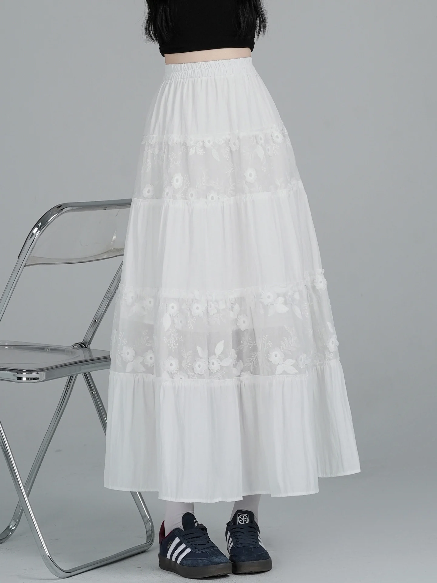 

Elegant Embroidered Floral Half Skirt Women's Summer A-Line Flared Cake Umbrella Skirt High Waist Polyester Fiber