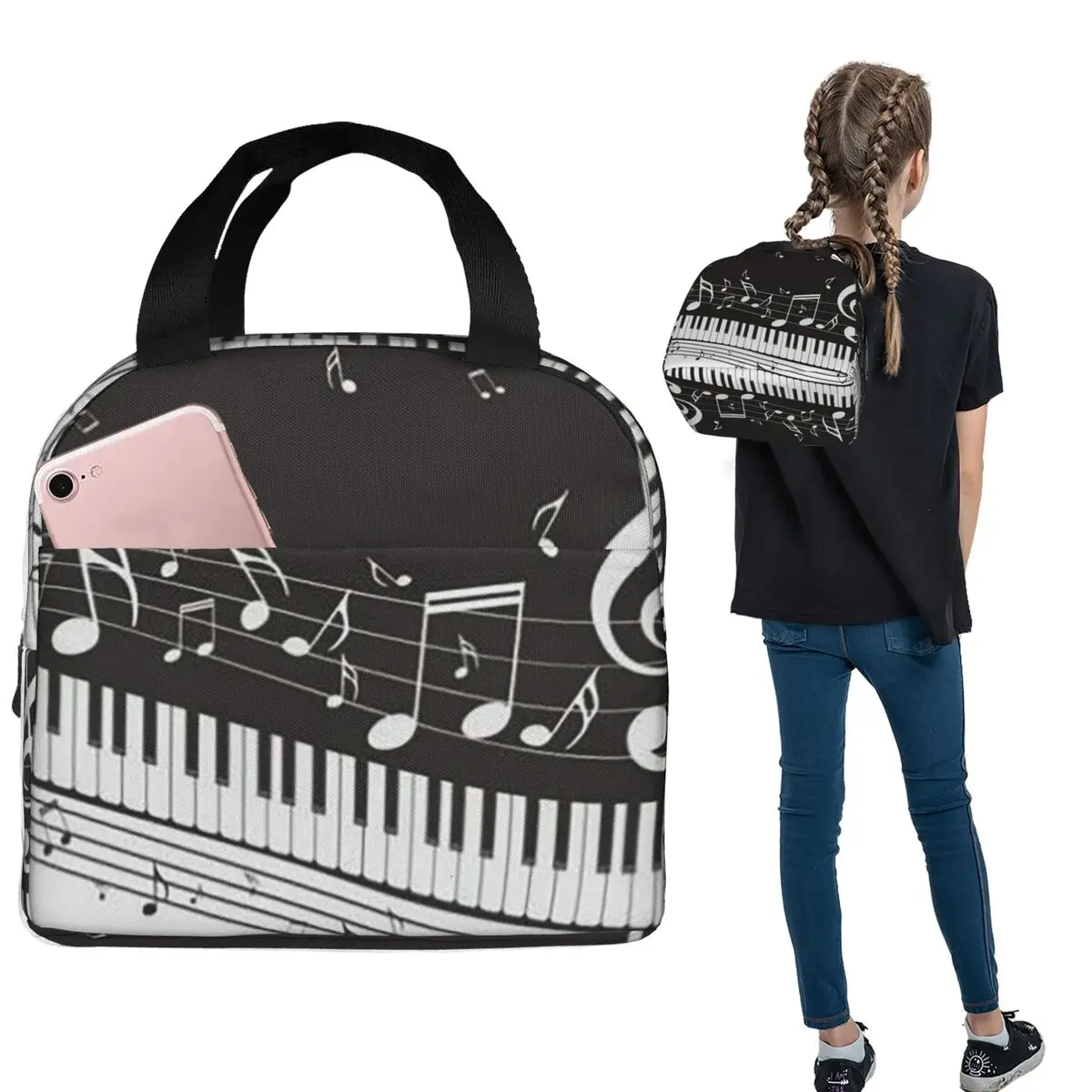 Golden Musical Notes Piano Keyboard Insulated Lunch Bag for Women Kids Portable Food Boxes Thermal Lunch Box Tote