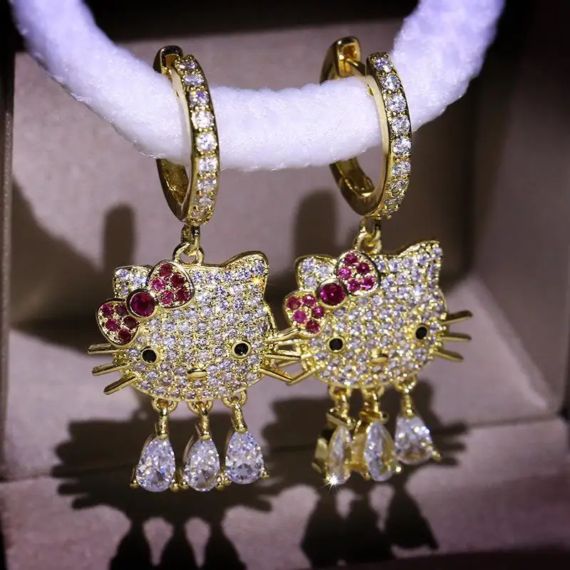 Cartoon Anime Hello Kitty Earrings Female European and American Jewelry Micro-Encrusted Zircon Bow Tassel Cute Kt Cat Earrings