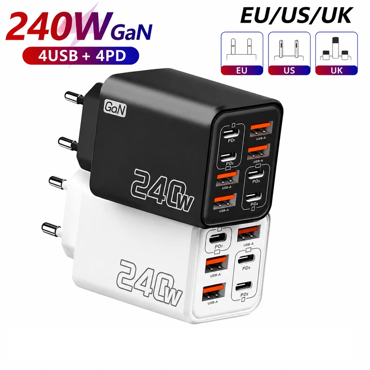 240W GaN USB Desktop Charger 8 in 1 Fast Charging Phone Charger For iPhone Samsung Xiaomi 17 Pro Max Type C Charger Wall Charger
