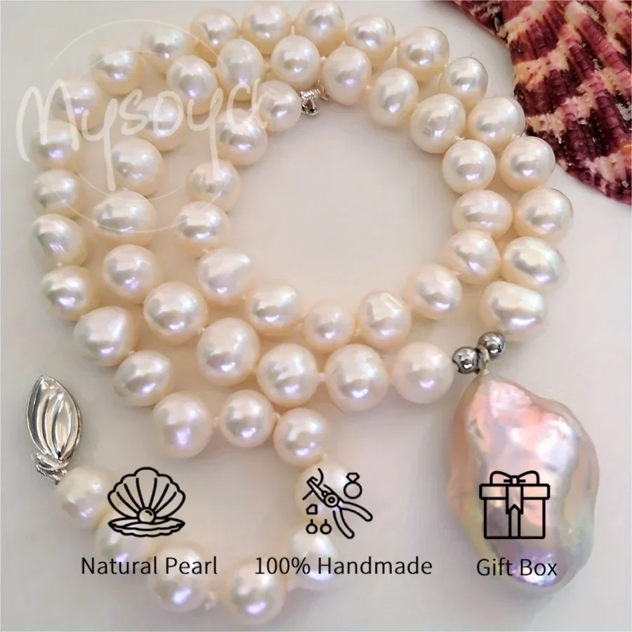 

MYSOYA 7-9mm White Freshwater Pearl Necklace Baroque Pendant With Gift Box Perfect For Wedding Birthday Christmas New Year