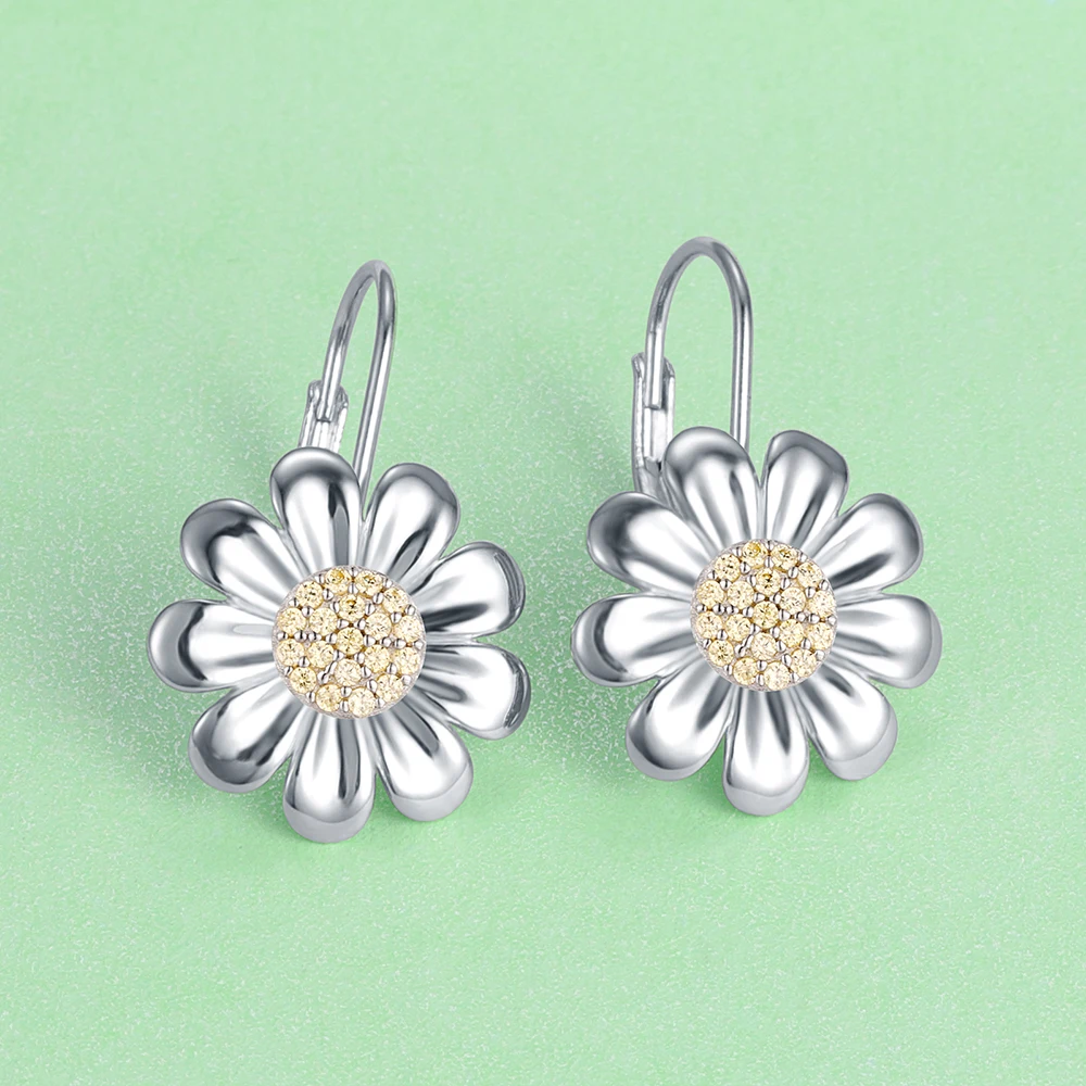 925 Sterling Silver Sunflower Daisy With Zircon Stud Earrings Jewelry Birthday Christmas Gifts For Women Girls Friends Family