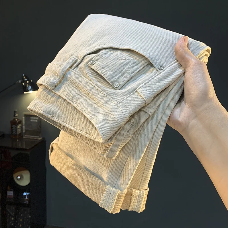 

Свободные прямые джинсы из рисового абрикоса, повседневные и простые большие размеры, осенний тренд 2025, универсальные мужские брюки класса люкс tr