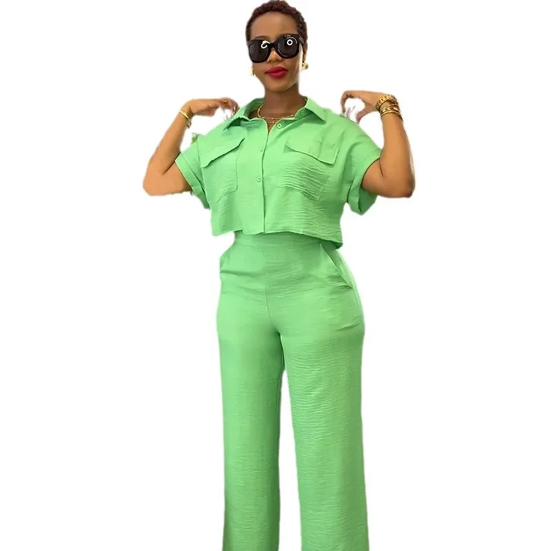 Summer Women Daily Work Suit New Elegant Women's Shirt Pants Set With Turn-down Collar Short Sleeves Wide Leg Stylish For Office