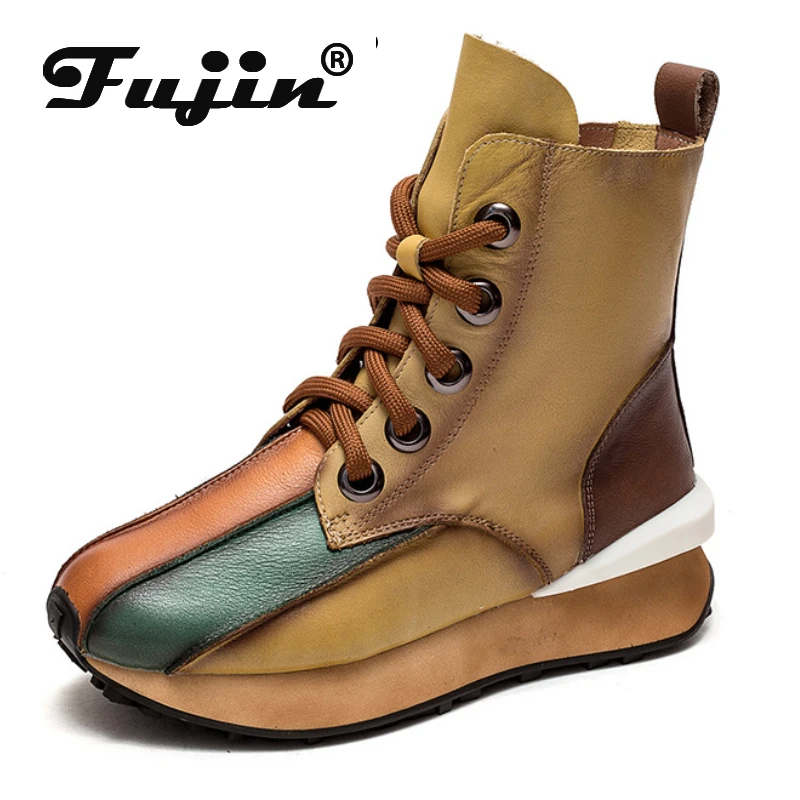 

Fujin 5cm Ankle Ethnic ZIP Platform Moccasins Autumn Shoes Women Boots Cow Genuine Leather Wedge Spring Mixed Color Fashion