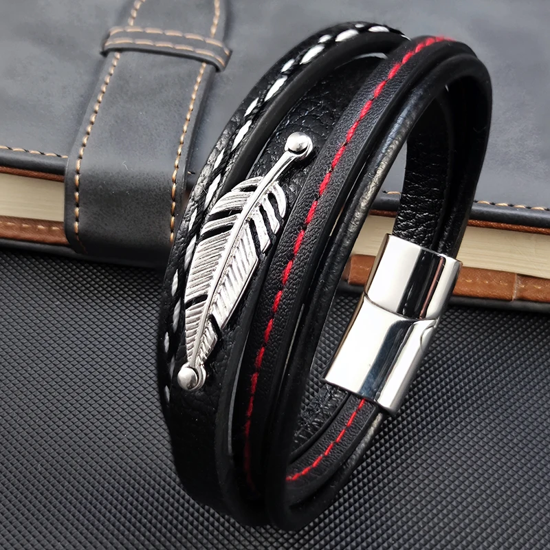 

Angel Feather Style Punk Design Hollow Geometric Stripe Magnet Buckle Red Line Leather Bracelet for Men Luxury Father's Day Gift