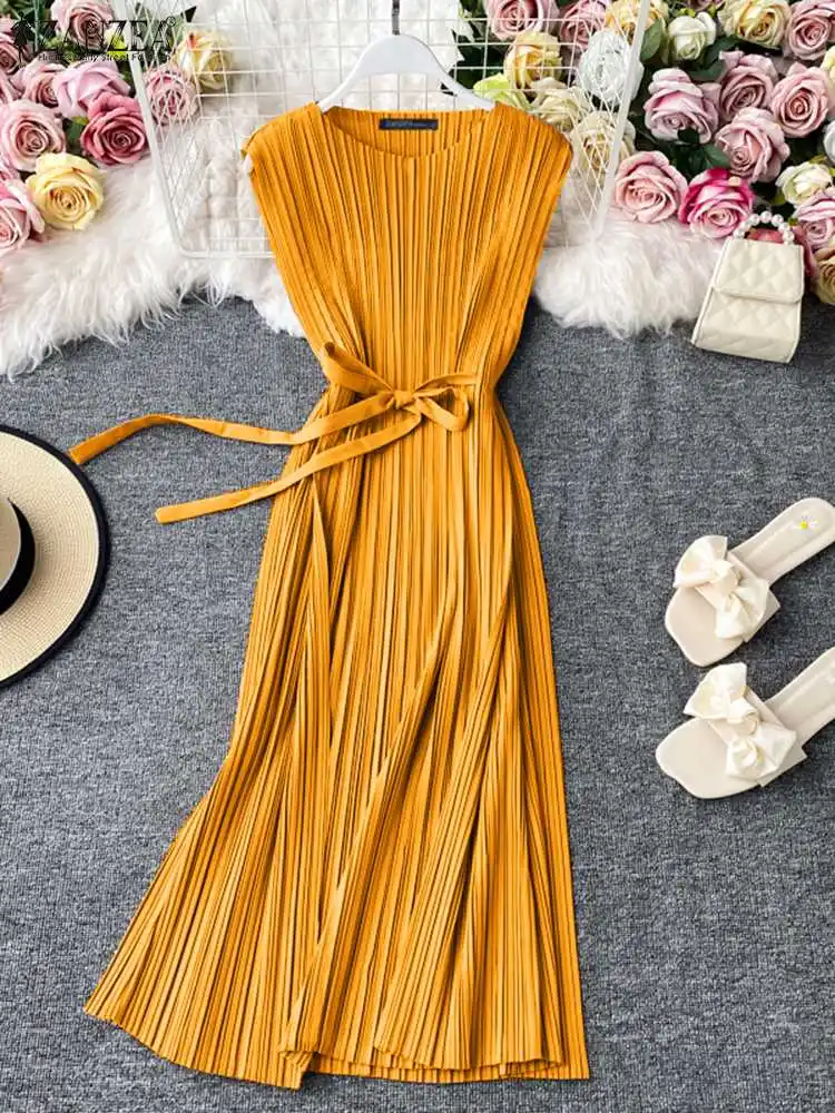 Fashion Solid Pleated Dress Women Summer Sundress 2023 ZANZEA Casual Sleeveless Tank Vestidos Belted Female O Neck Robe Femme