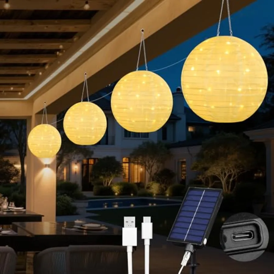 Solar Lantem String Lights Outdoor, 4 Pack 12inch Large Waterproof Hanging Lanterns with 160LED Warm White Light, USB Rechargea