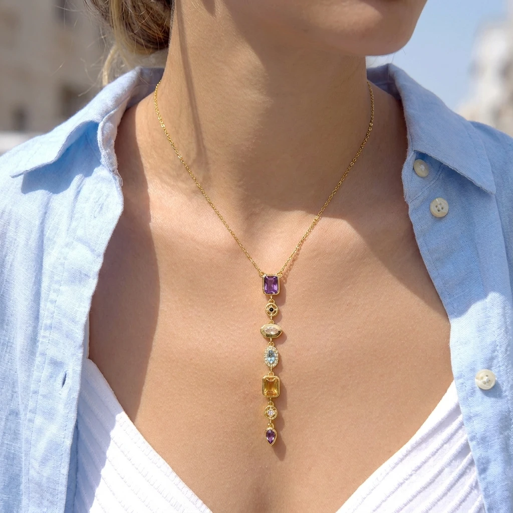 Funkelnde Zirkonia Lange Quasten-Halskette aus PVD-beschichtetem Edelstahl für Damen, Zierliche Geometrische CZ-Fransen Wasserfester Schmuck – Detail 3