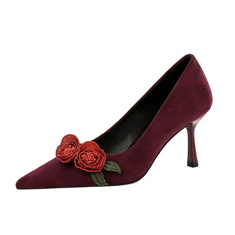 

Black High Heels Woman Red Flowers Pointed Toe Party Shoes 6cm Stiletto Heels Classy Ladies Pumps Burgundy Shoes