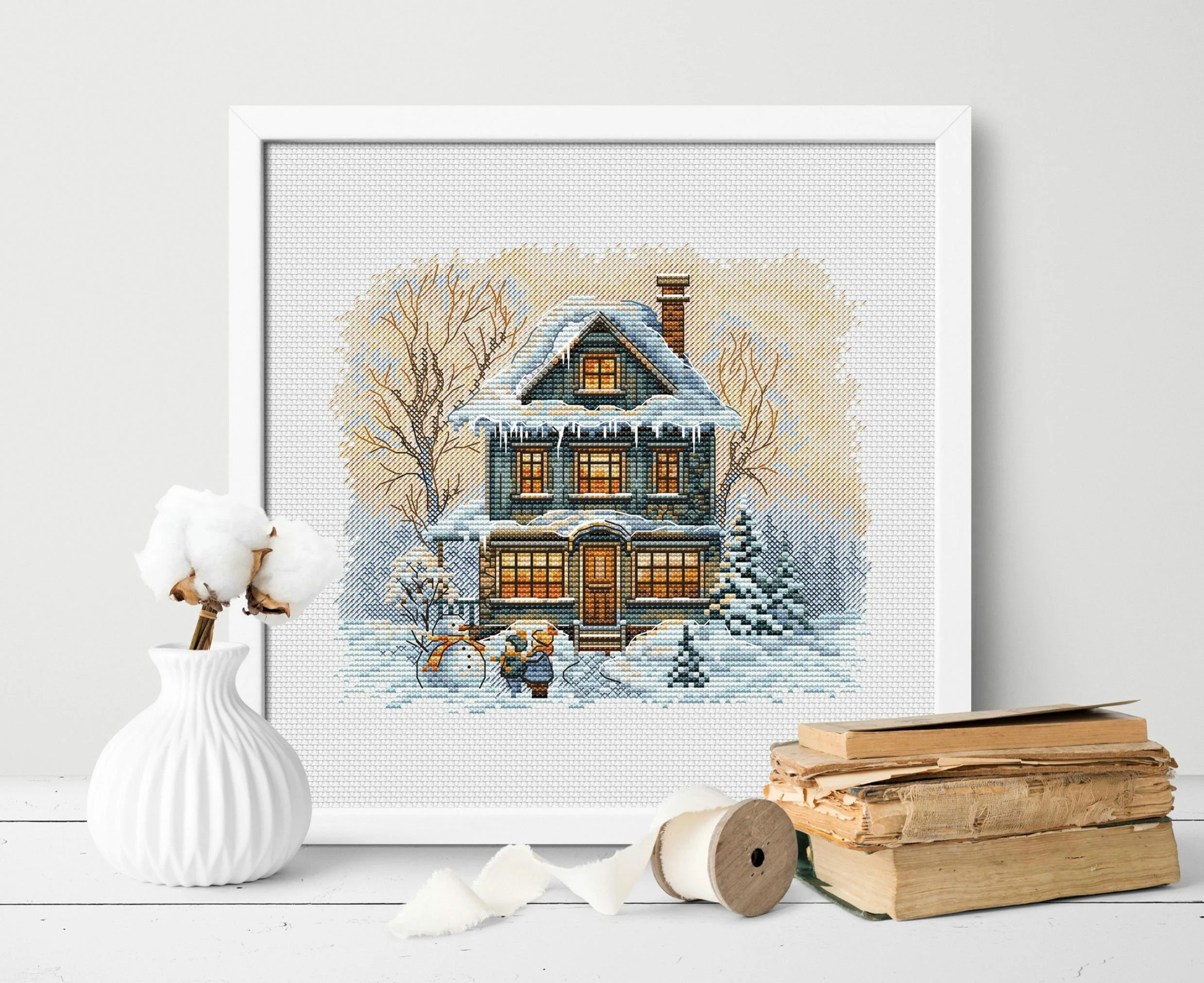 Embroidery Cross Stitch Kits Craft DIY Needlework Cotton Canvas  8-Snowy Cottage 29-26 32CT 28CT Metallic aida