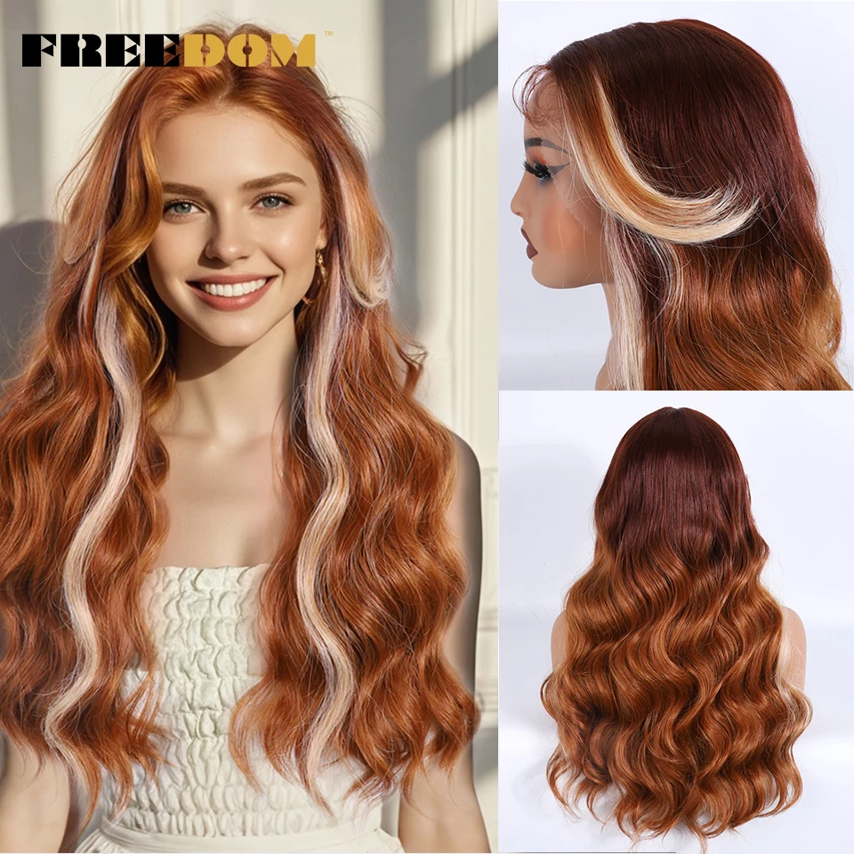 

FREEDOM Synthetic Lace Front Wigs For Black Women 22" Body Wave Lace Wig Ombre Blonde Ginger Wig With Bangs Heat Resistant Wig