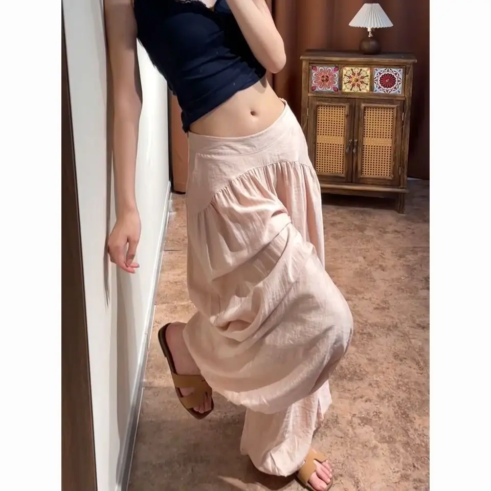 Lazy Wind Pink Pleated Double-layer Lantern Wide-leg Pants Women's Summer Low-rise Light and Drape Casual Bud Pants