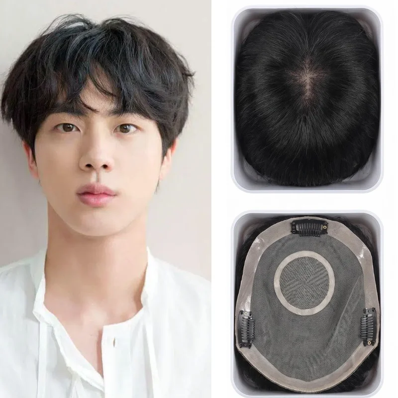 

100% Human Hair Men Toupee Mono Top Base 6 Inch PU Border Lace Interior With Clips Hand Tied Construction Jet Black