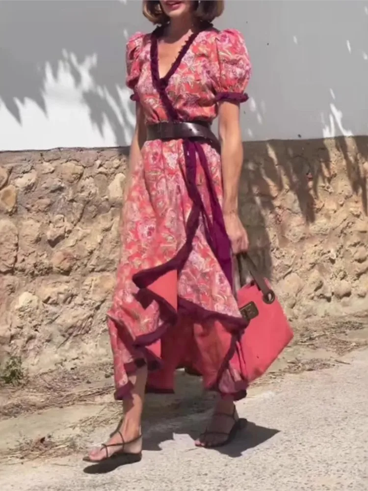 Elegant V-neck Short-sleeved Dress Women's Fashion Spring Summer Flower Printing Irregular Casual Vacation Boho Dresses Female