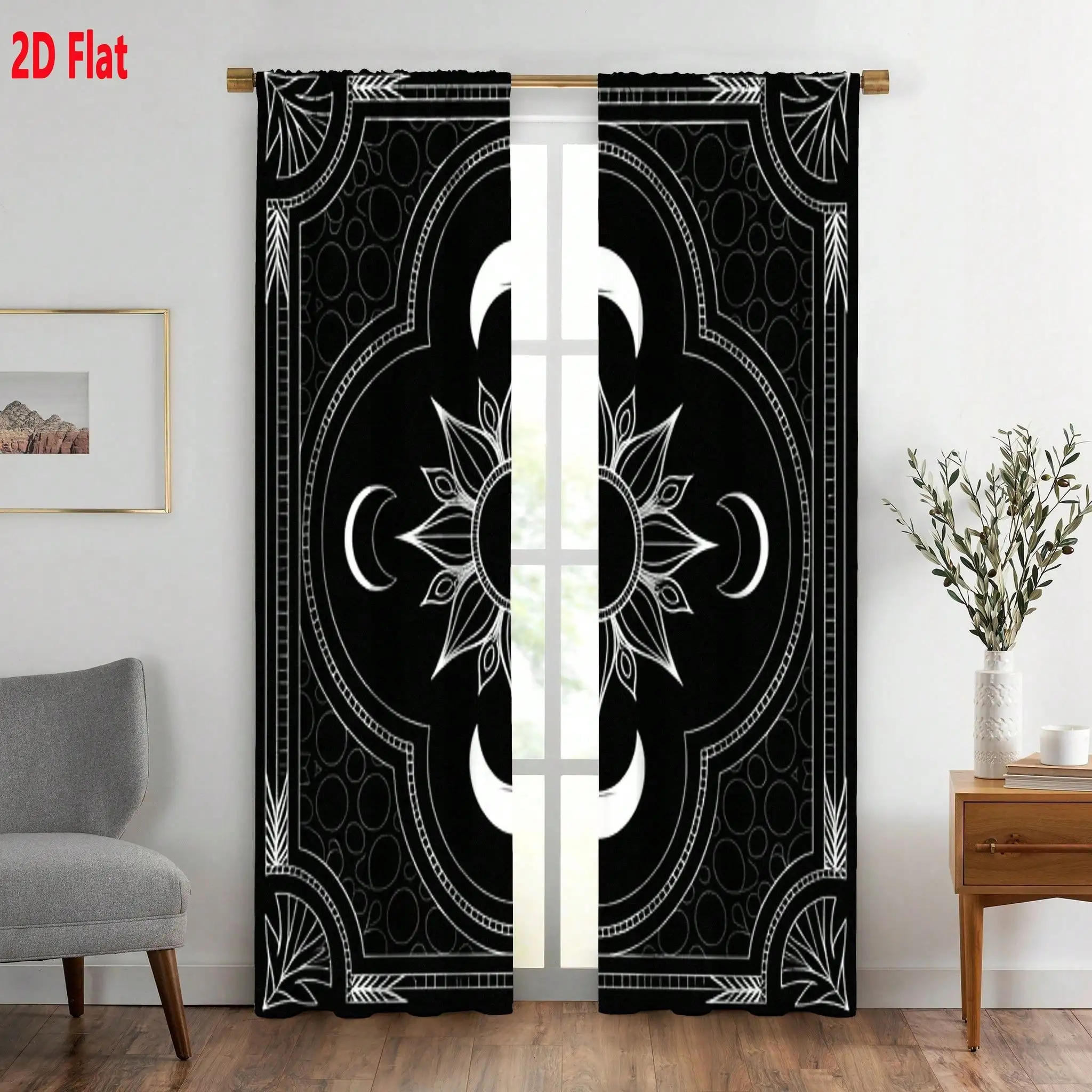 2D Flat - 2pcs Gothic Esoteric Sun Moon Floral Pattern Black And White Curtain Set |   Symmetrical Ornate Circle Square Border