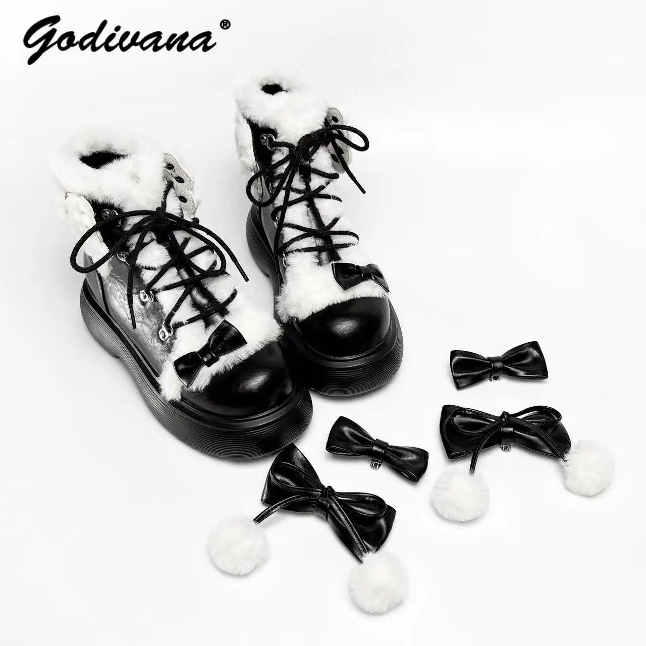 

Sweet Cool Punk Style Female Thick-Soled Plush Short Boots Autumn Winter New Girl Women's Cute Bow Fleece Ankle Boots