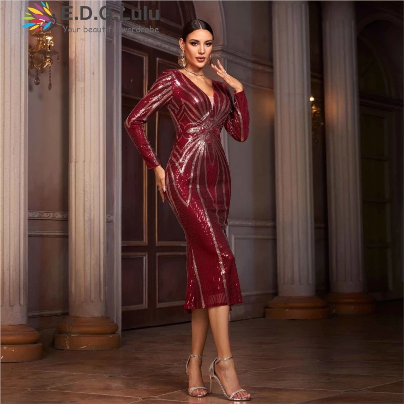 EDGLuLu High Quality Striped Red Glitter Birthday Dresses Luxury 2026 V Neck Long Sleeved Slim Elegant Party Dress 1017