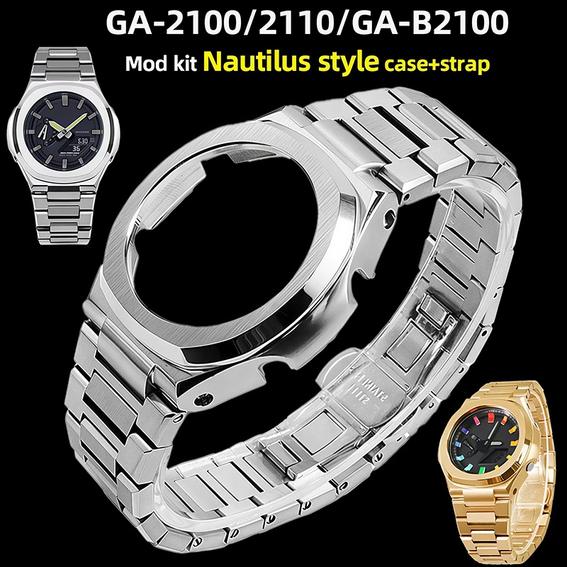 GA2100 Mod Kit Stainless Steel Case with Solid Metal band for Casio GA-2110 GA-B2100 - Replacement Nautilus style case+strap set