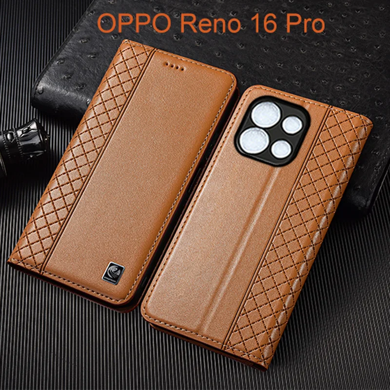 

Napa Inner Grid Genuine Leather Flip Case For OPPO Reno 16 Pro Phone Cover Card Cases Scratch Proof