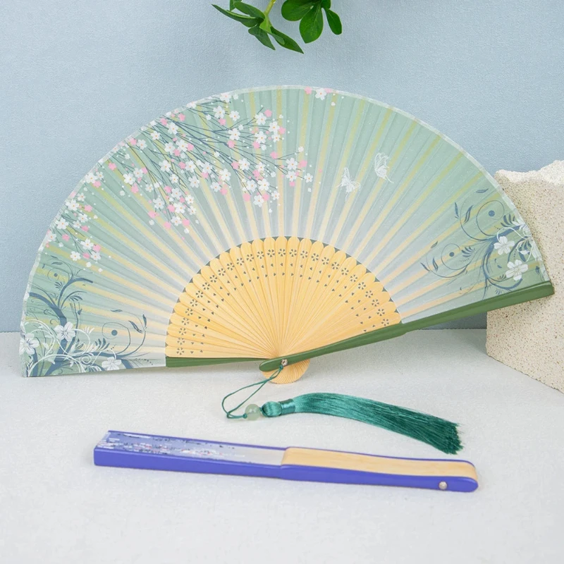 Chinese Style Women Girls Hanfu Folding Fan Ancient Style Classical Hand Fan Chinese Craft Fan Cherry Blossom Small Protable Fan