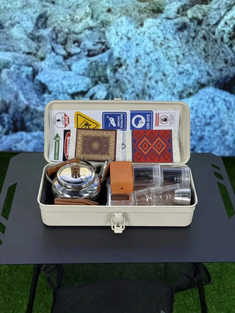 

Complete metal toolbox, suitcase, storage box with stickers, portable toolbox with set, toolbox with kettle, cup and stove.